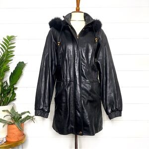 Vintage Genuine Lambskin Leather Black Parka w/ Fox Fur Trimmed Removable Hood